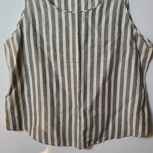CHICOS Blended Linen Ecru With Olive Green Stripes Sleeveless Top